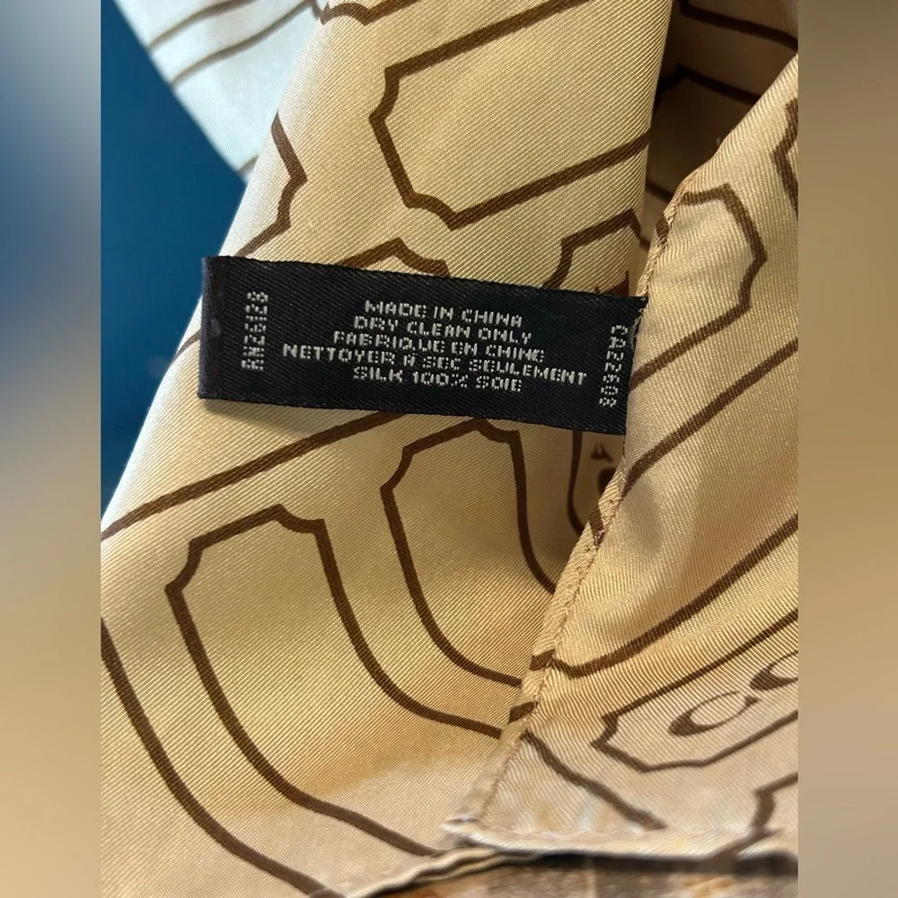 Coach Chelsea 100% Silk Scarf Logo Cartouche Lozenge Tan and Brown